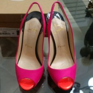 Louboutin Flo Sling patent neon peep toe slingback